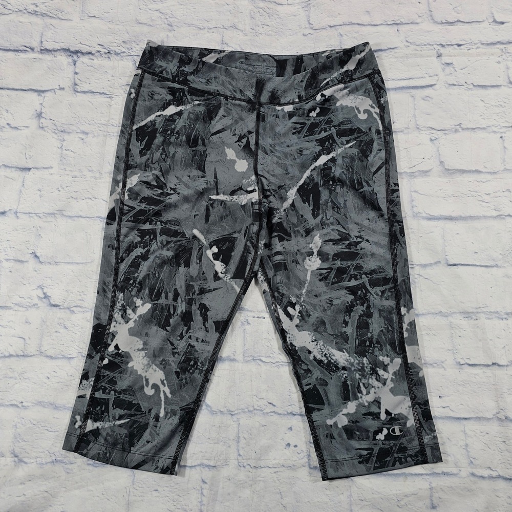Champion PowerTrain Leggings WOMENS L Gray Abstract Crop Capri Activewear Pants